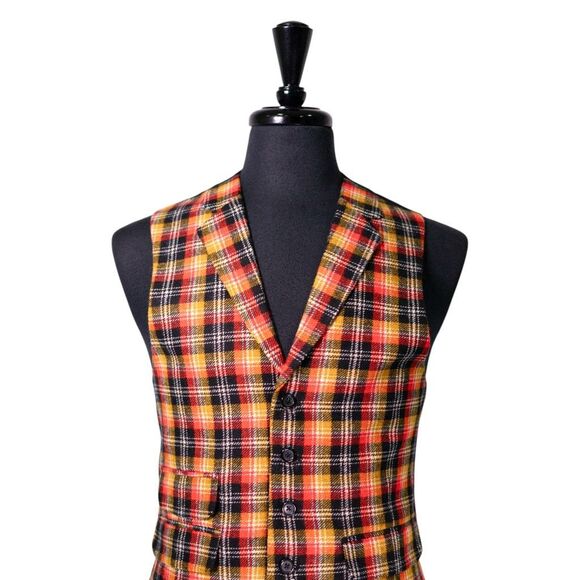Mens Plaid Vest 40R Orange Yellow Black Wool Waistcoat Wedding Prom Formal Party - Picture 3 of 8